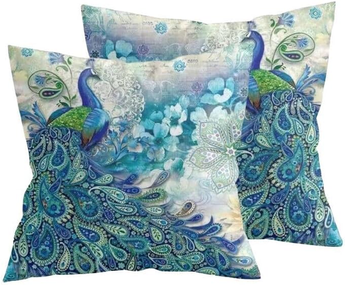 Peacock Cushion Covers - 2PCS Peacock Print,Vintage Turquoise Pillows Teal Cushion Covers 45 X 45cm,Peacocks Feather Pillow Cover Peacocks Decorations for Home Sofa Couch Bed Decor,Bohemian Home Decor