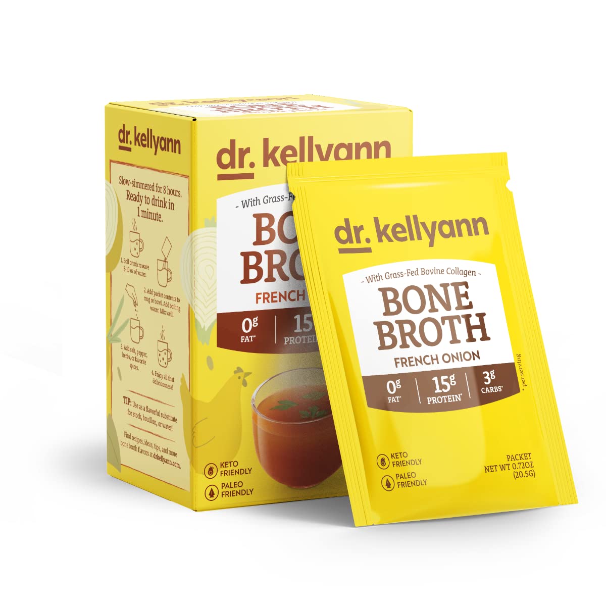 Dr. Kellyann French Onion Bone Broth Packets (7 Servings) – 16g Protein, Grass-Fed Hydrolyzed Collagen, Keto & Paleo-Friendly, 1 Box