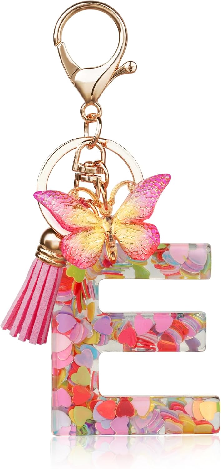 OSDUE Fashion Alphabet Initial Letter Keychain, Women Tassel Butterfly Pink Purple Cute Car Keyrin, Pink and Gold Resin Alphabet Keychain, Tassel Butterfly Pendant Key Ring for Wallet