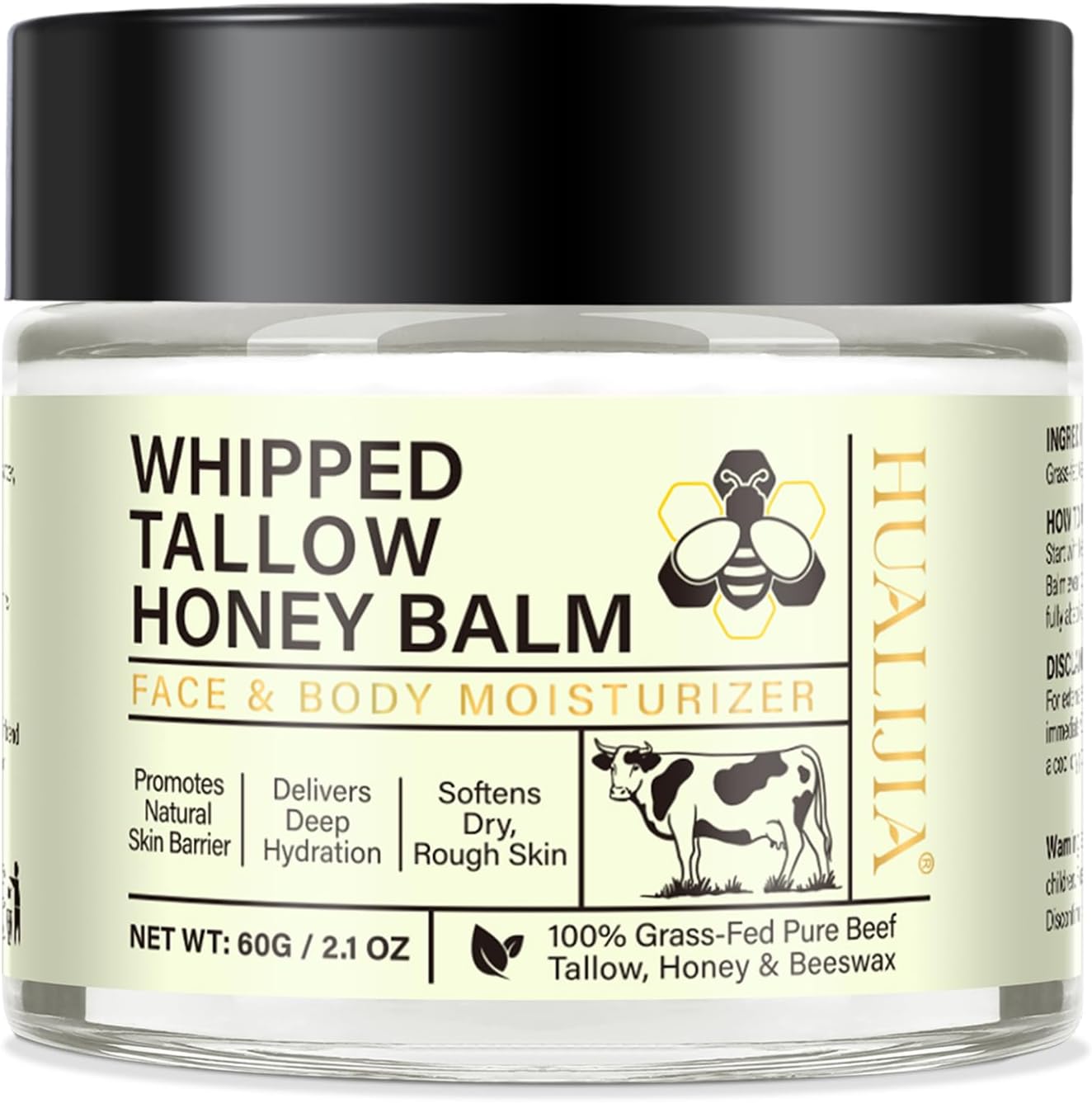 Beef Tallow for Skin, Organic Tallow and Honey Balm, Tallow Face Moisturizer, Grass Fed Whipped Beef Tallow with Honey Beeswax - Deeply Hydrates and Moisturizes Face Body, Unscent, No Greasy, 60G