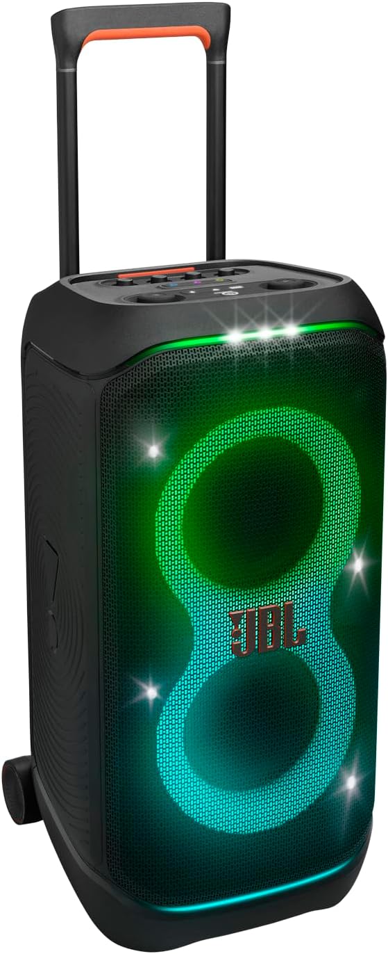 JBL PartyBox Stage 320 - Portable Party Speaker with Telescopic Handle & Wide, Sturdy Wheels, Powerful JBL Pro Sound, Futuristic lightshow, Up to 18 Hours of Play time, Splash Proof (Black)