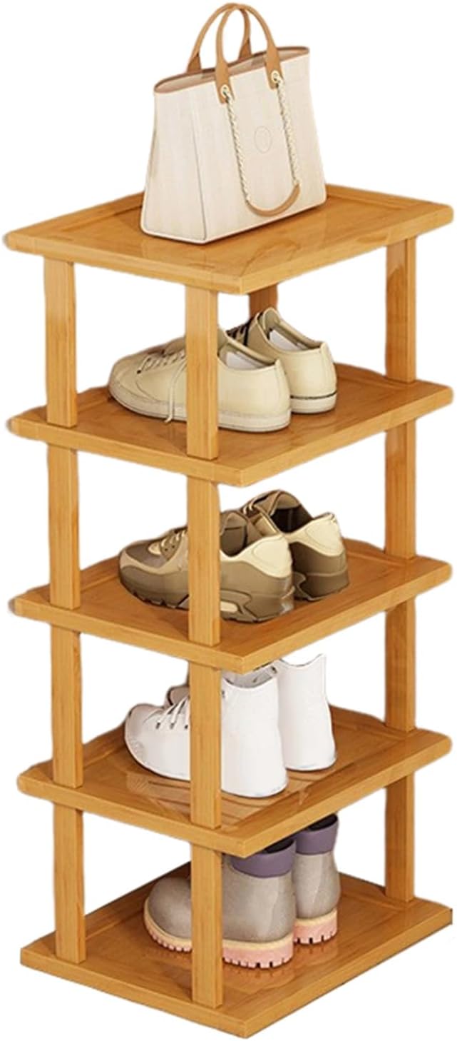 Bamboo Shoe Rack, 8 Tier Vertical Shoe Storage for Small Spaces, Freestanding Organizer for Entryway, Bedroom, Closet, Garage, Tall and Narrow Design with 5 Levels