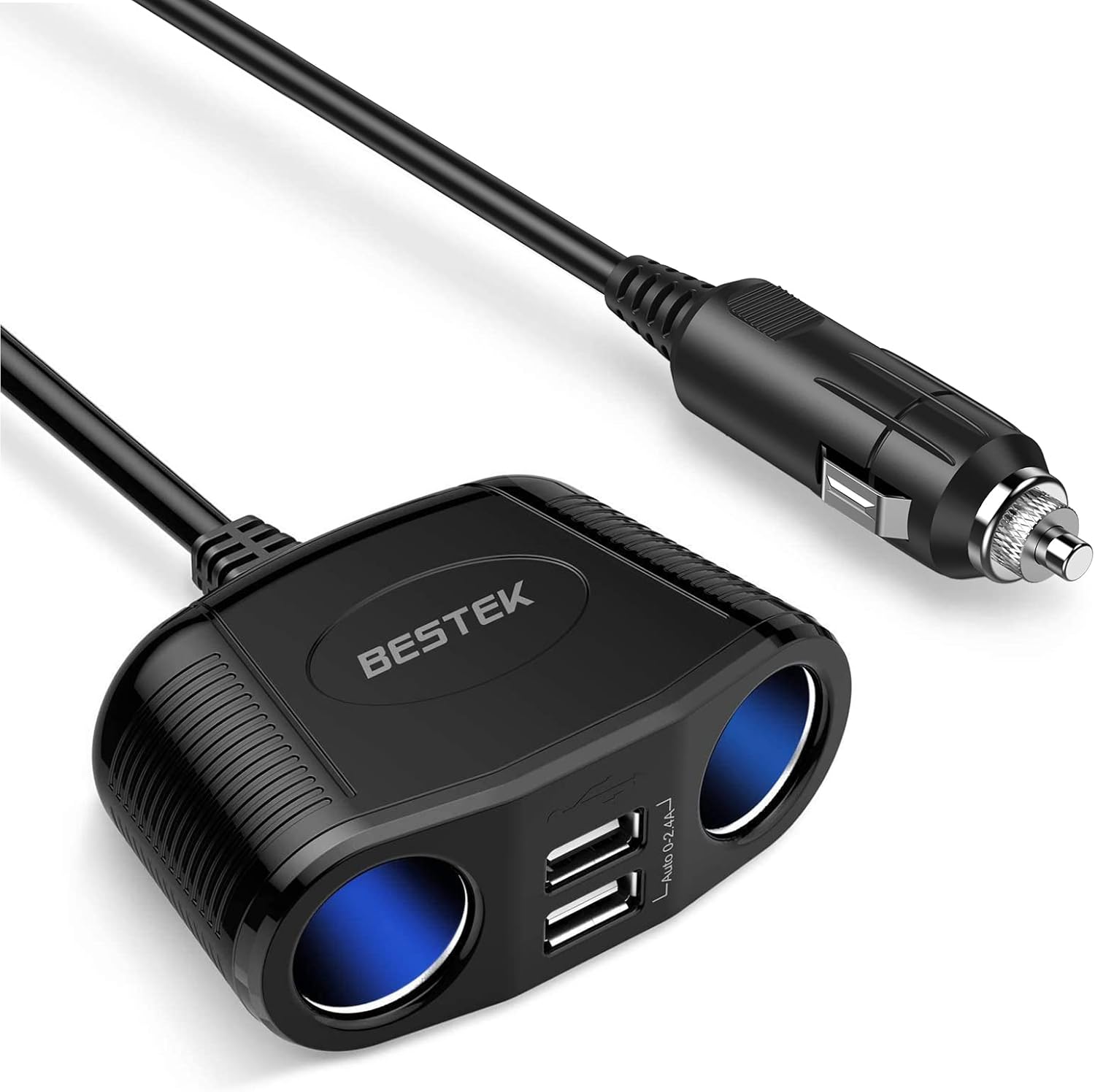 BESTEK 150W 2-Socket Car Cigarette Lighter Splitter Power Adapter DC Outlet Car Charger Dual 2.4A USB with 26 Inches Cord for Cellphone GPS Dash Cam