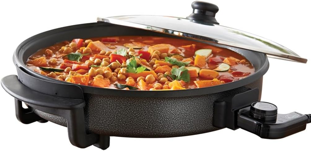 Quest 40cm Multi-Function Electric Cooker Pan with Lid/Adjustable Thermostatic Control/Non-Stick Aluminium Electric Frying Pan / 40 x 40cm Surface/Detachable Power Cable For Serving