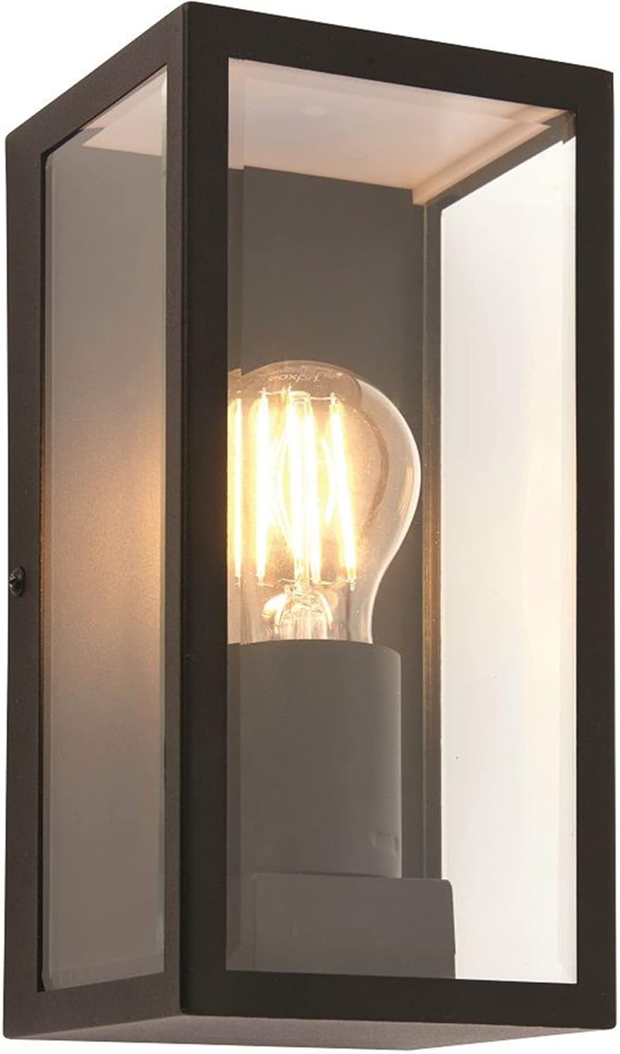 National Lighting Outdoor Wall Light - Matt Black Stainless Steel Boxed Lantern with Glass Panels - IP44 Rated Outside Light - Compatible with 28W 240V E27 Eco GLS or LED E27 (Not Included)