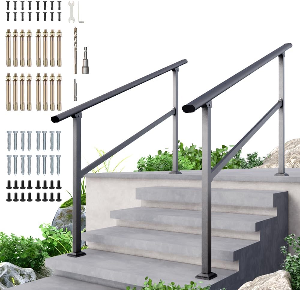 DIYHD 5 Step Handrail for Outdoor,Powder Coated Iron Stair Railing,Black Hand Rails for Indoor, Porch,Deck,2 Pack