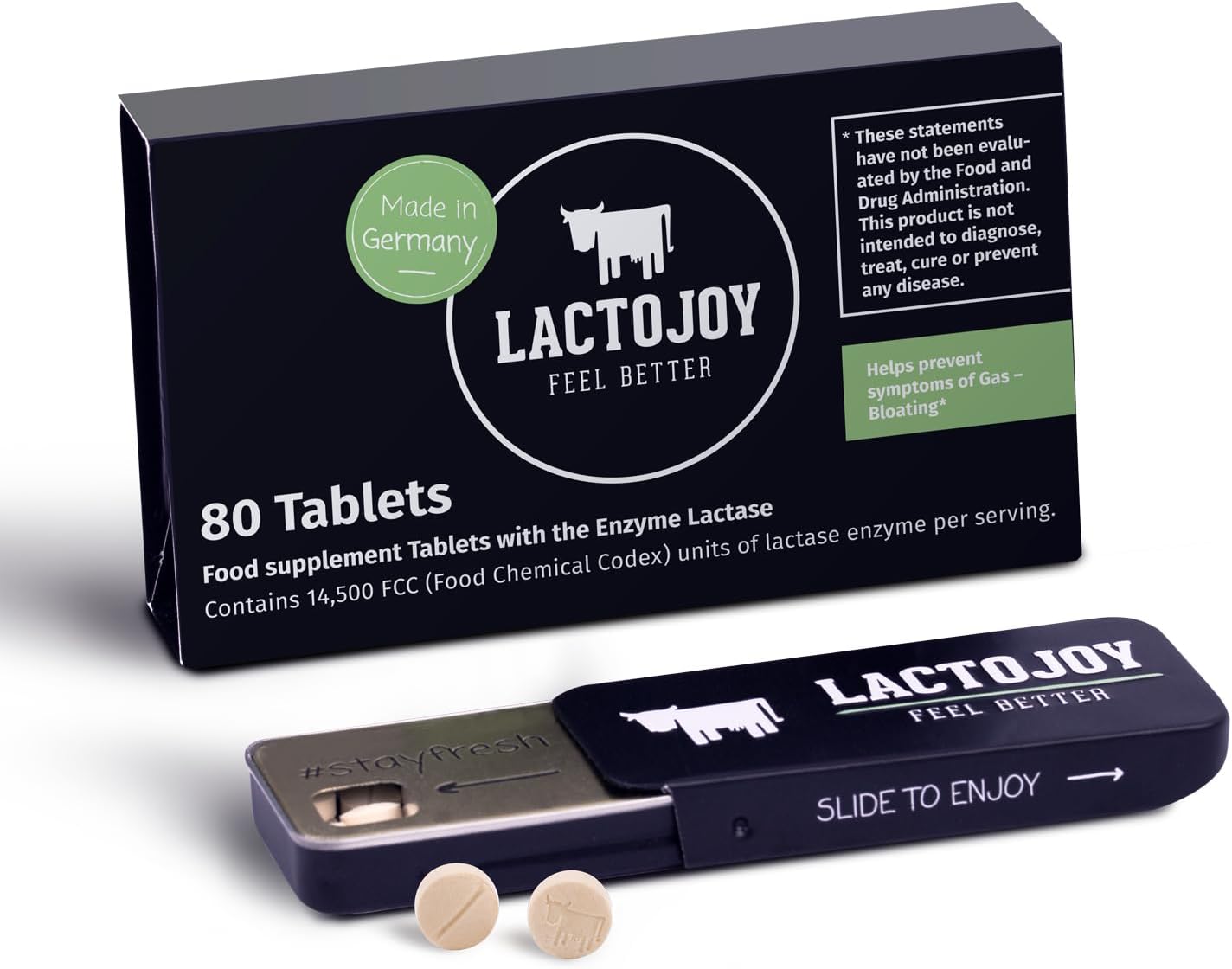 LactoJoy Lactase Tablets | Helps With Lactose Intolerance | Contains 80 Pcs. of Extra-Strength Dose (14,500 FCC) Lactase Enzyme Tablets | 100% Vegan | Supports the Lactose Digestion | Chemical Free