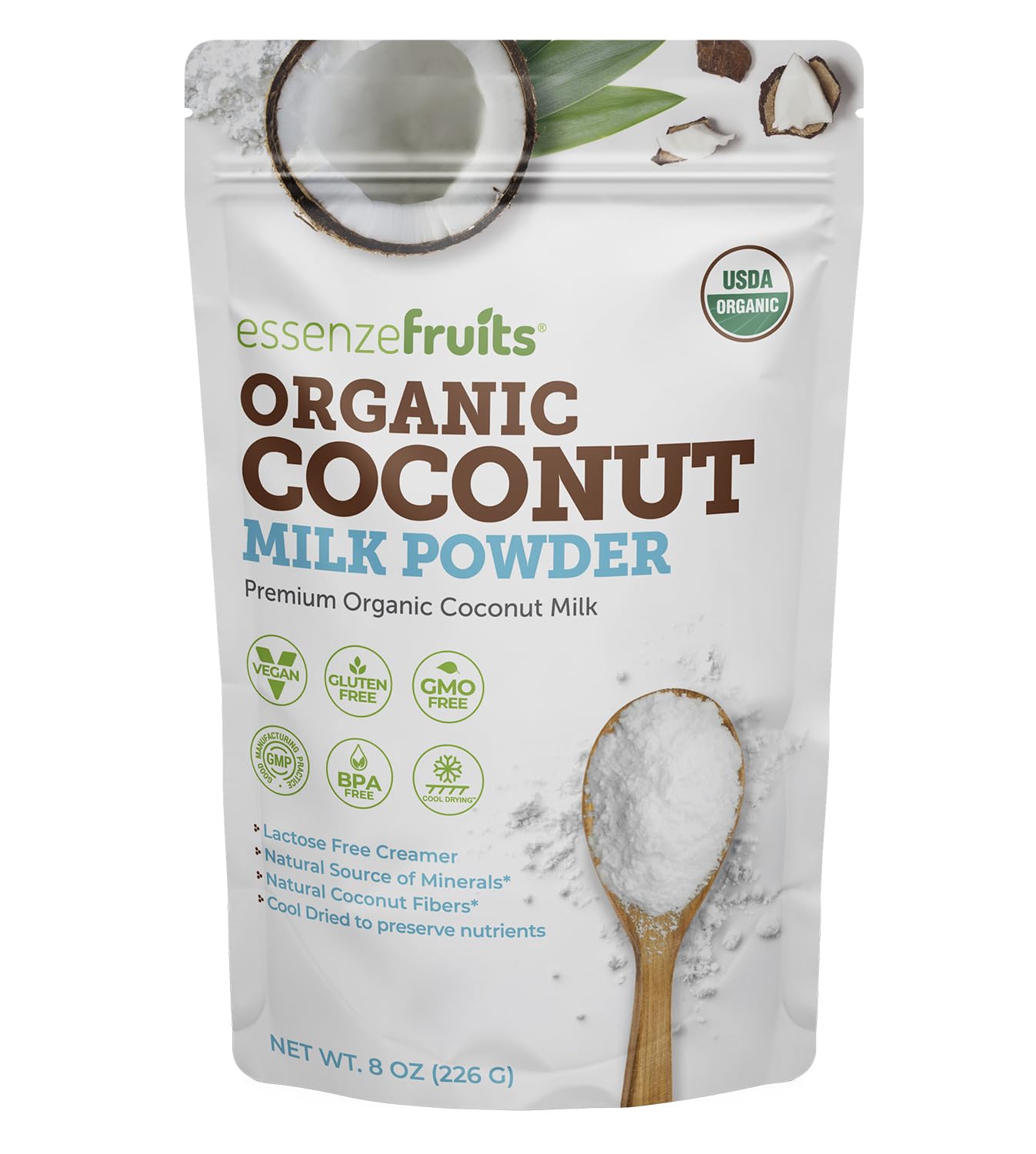Essenzefruits Pure Organic Coconut Milk Powder - Premium Maltodextrin Free, No Sugar Added, Dairy Free, USDA Organic, Vegan, Keto & Paleo Friendly, No Additives, Pre Biotic Fibers, 27 Servings - 8 Oz