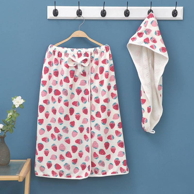 Cute Strawberry Print Bathrobes,Bath Towels Set,towel wrap for women,towelling dressing gown ladies,head Hair Wrap Quick Dry Cap,cotton turbie twist hair drying turban + shower robe,womens spa robe.
