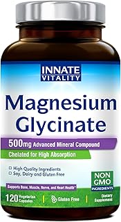 Innate Vitality Magnesium Glycinate 500mg | 70mg Elemental Magnesium Supplement- High Absorption, Non Buffered, Non-GMO & No Gluten - Nerve, Muscle, Bone & Heart Health - 120 Vegan Capsules Magnesio