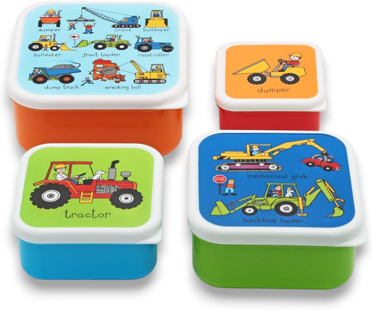 Tyrrell Katz Kids Snack Boxes with Trucks Print - Children's 4 Piece Set - Freezer Safe Square Food Storage Containers