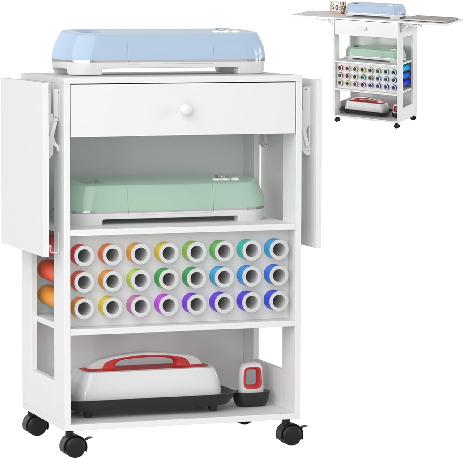 Craft Cart Compatible with Cricut Machine, Storage Rolling Cricut Cart Furniture with Foldable Sides & Drawer for Cricut Organization for Craft Room Home Office