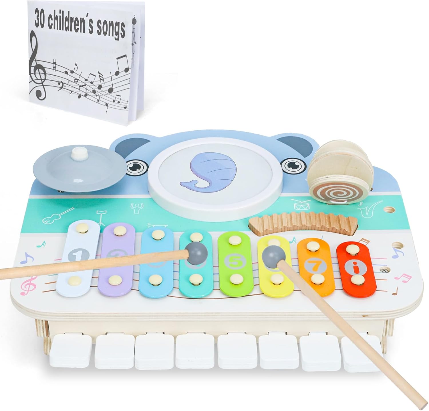 XIAPIA Baby Musical Toys for 1 Year Old, Wooden Musical Instruments with Piano Keyboard for Toddlers 1-3, Toddler Drum Set with Xylophone for Kids, Preschool Educational Gifts for Boys and Girls