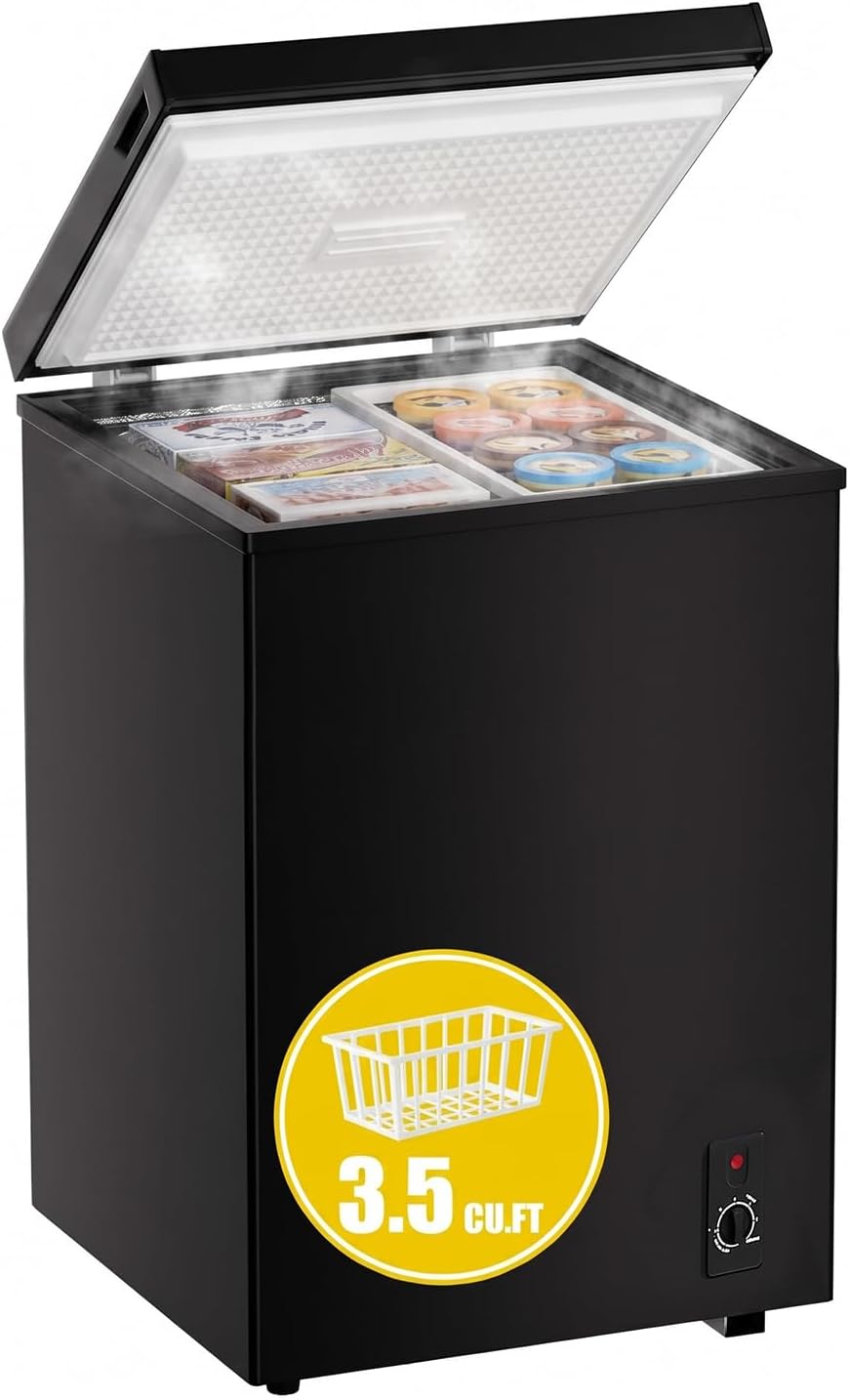 3.5 Cubic Feet Chest Freezer, Mini Deep Freezer w/Removable Basket, Black