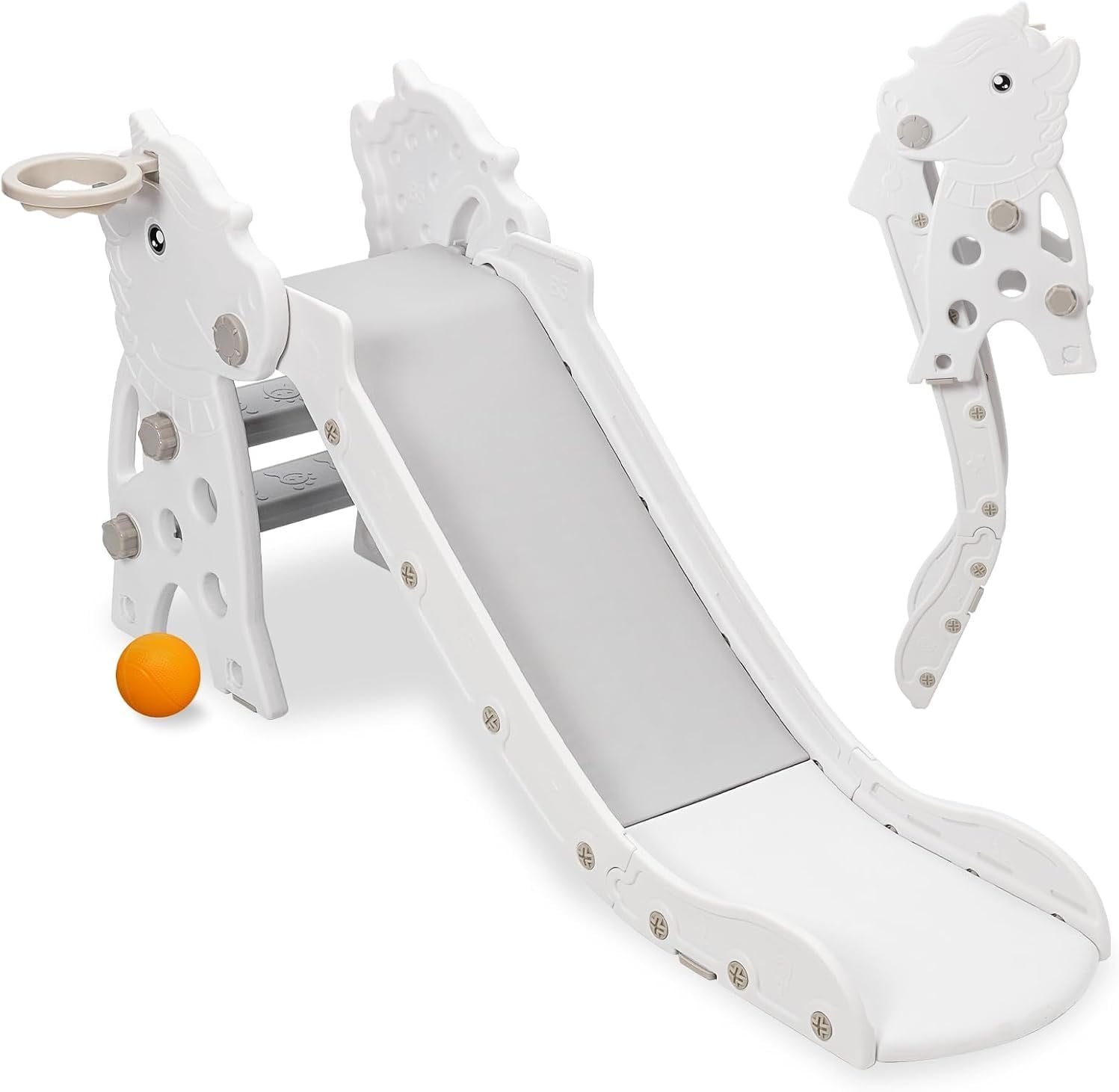 Kids Slide, Freestanding Toddlers Slide With Basketball Hoop and Ring Toss, Toddler Climber, Foldable Baby Slide Playground Equipment for Indoor and Outdoor Play