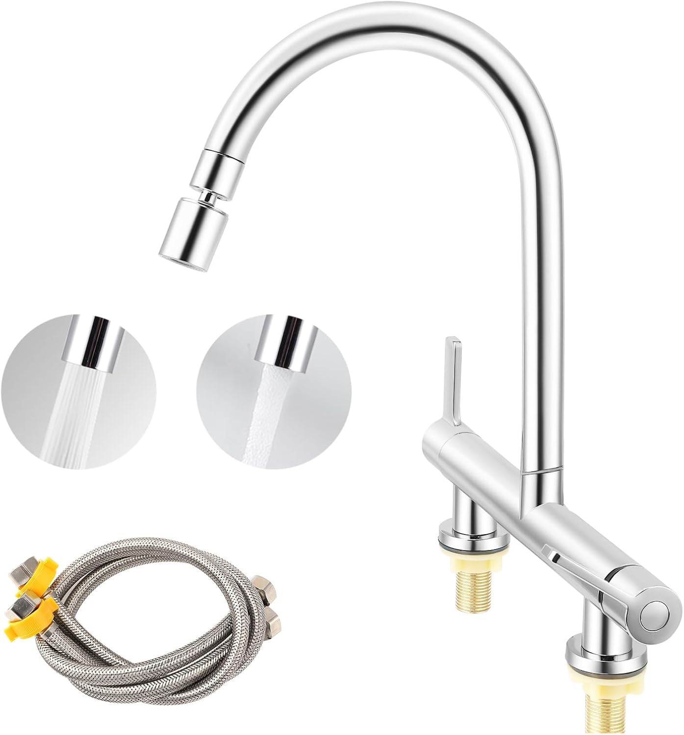 2 Hole Kitchen Mixer tap with 2 Function Sprayer, 180 mm Centers Deck Mounted Sink Tap, 360° Swivel Kitchen Chrome Bridge Mixer Taps, 1/4 Turn Cold and Hot Mixer Tap