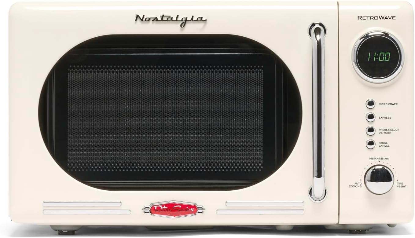 Nostalgia Retro Compact Countertop Microwave Oven - 0.7 Cu. Ft. - 700-Watts with LED Digital Display - Child Lock - Easy Clean Interior - Ivory