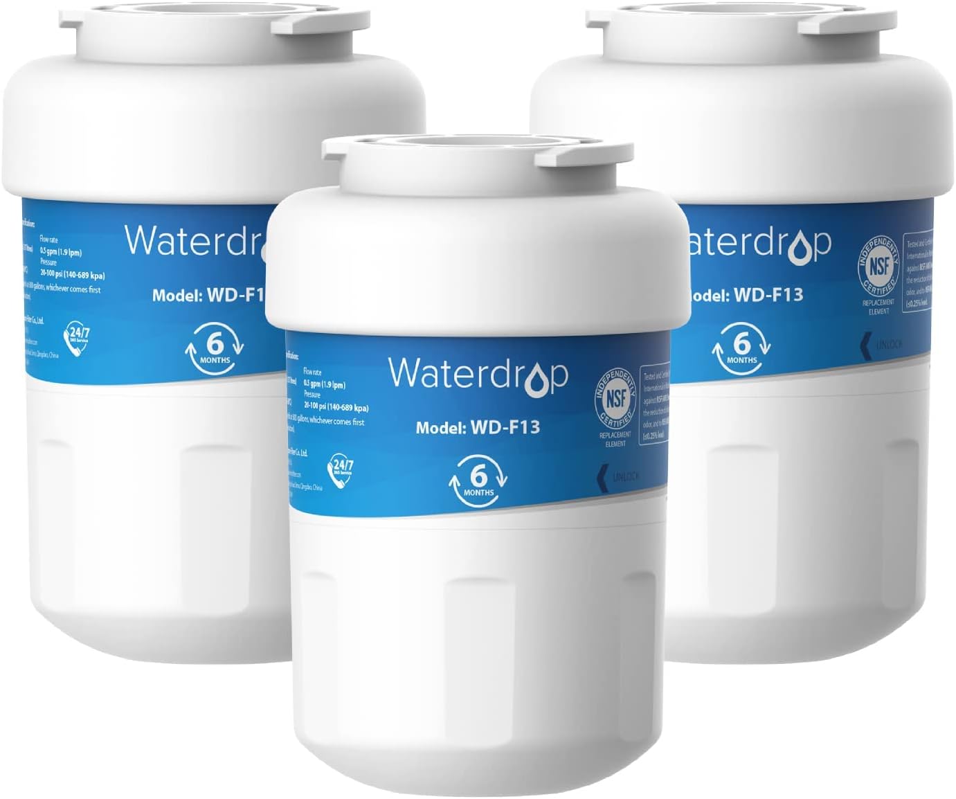 Waterdrop WD-F13 Replacement for GE® MWF®, SmartWater® MWFP, MWFINT, MWFA, GWF, HDX FMG-1, Kenmore® 9991, GSE25GSHECSS, WFC1201 Water Filter, 3 Pack
