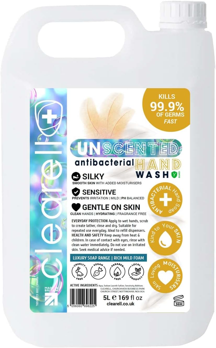 5L UNSCENTED Hand Soap | Liquid Wash 5 Litres Refill, Antibacterial Fragranced Hydrating Skin & Body Wash Gel for Soft and Sensitive Skin Care - 100% Vegan & Cruelty Free
