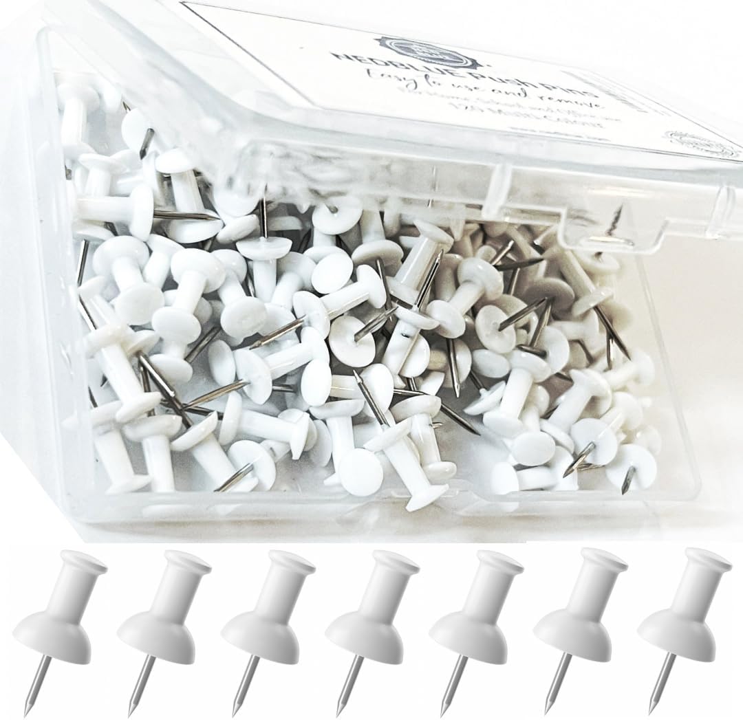 NEDBLUE White Push Pins - 120 Drawing Pins with Storage Box, Thumb Tacks for Cork, Notice and Bulletin Boards - Map Pins