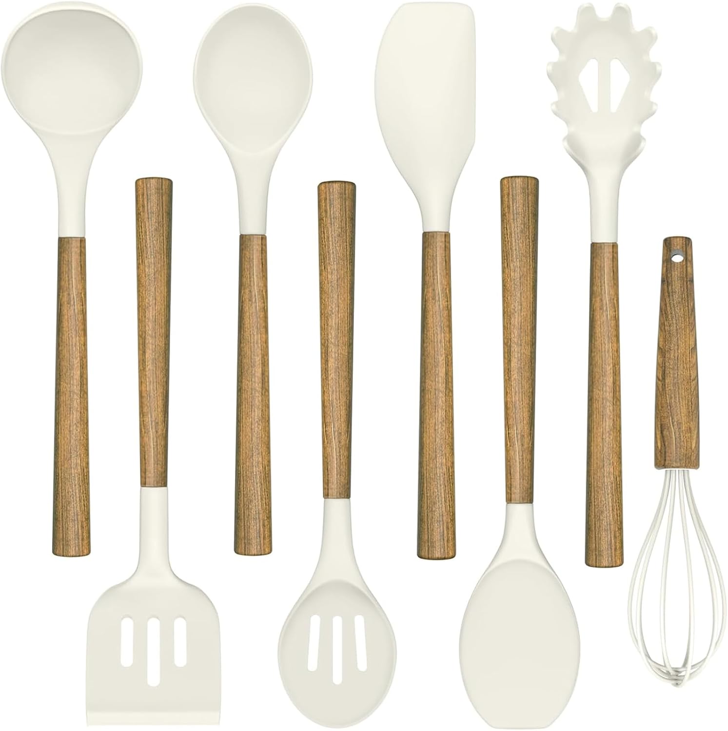 Umite Chef Non-Stick Silicone Kitchen Utensils Set with Natural Acacia Hard Wood Handle, 8 Pieces Kitchen Spatulas set, White, BPA Free, Baking, Serving and Cooking Utensils