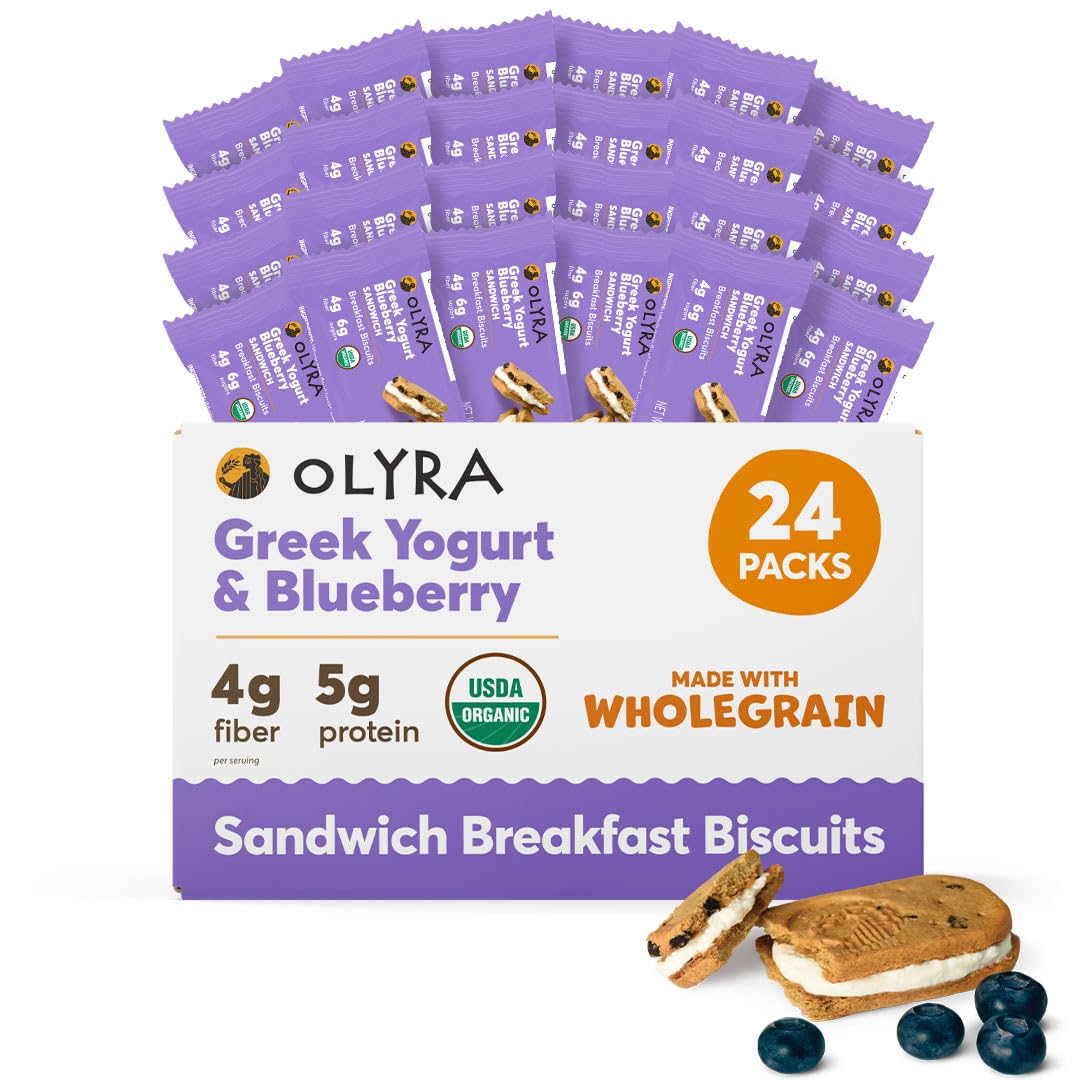 Olyra Greek Yogurt Blueberry Sandwich Breakfast Biscuits, Healthy Snacks for Adults and Kids, Low Sugar, High Fiber, Organic Cookies, USDA Certified Organic, Non GMO, 24 Packs