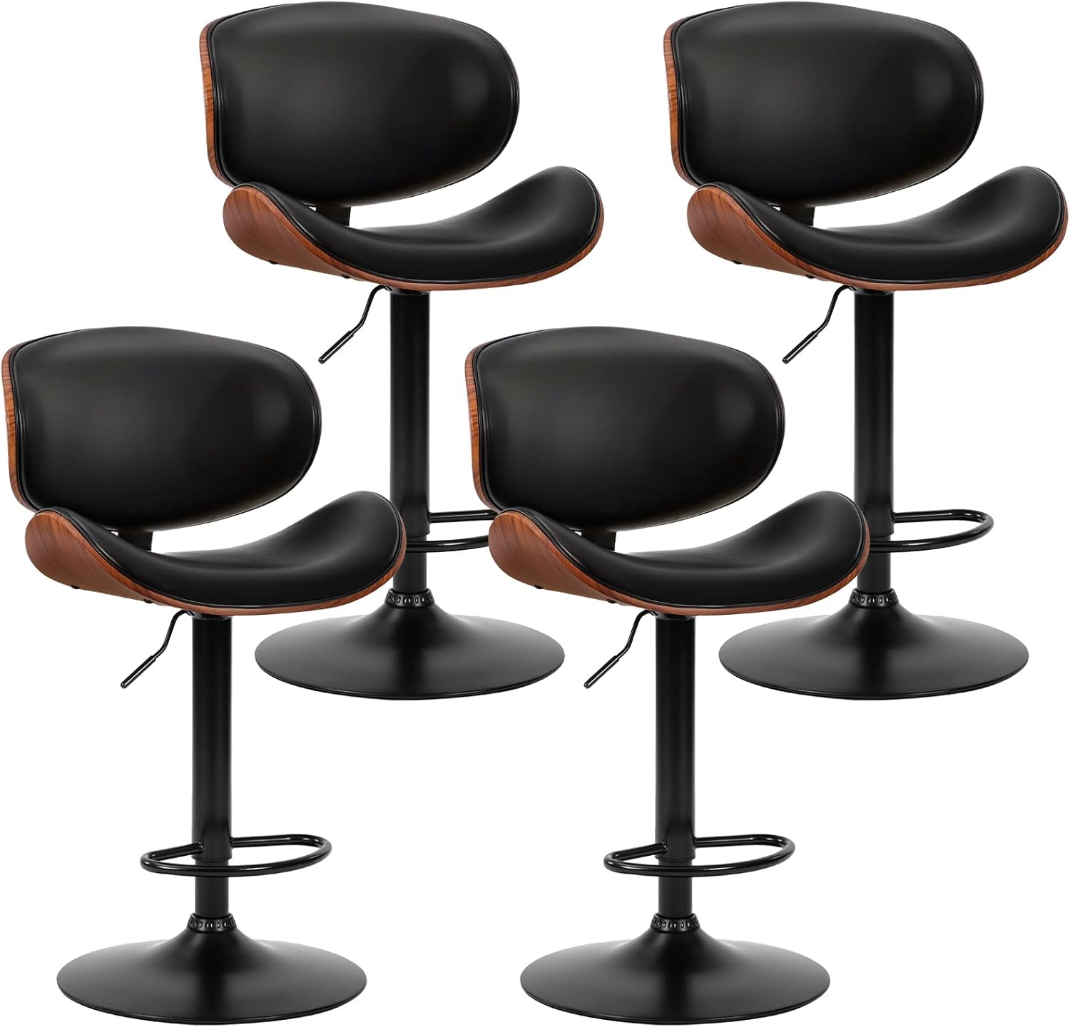 DUMOS Swivel Bar Stools Set of 4, Adjustable Counter Height Bentwood BarStools, PU Leather Upholstery Bar Chair with Ergonomic Back and Footrest, Counter Stools for Bar, Home Kitchen Island, Black