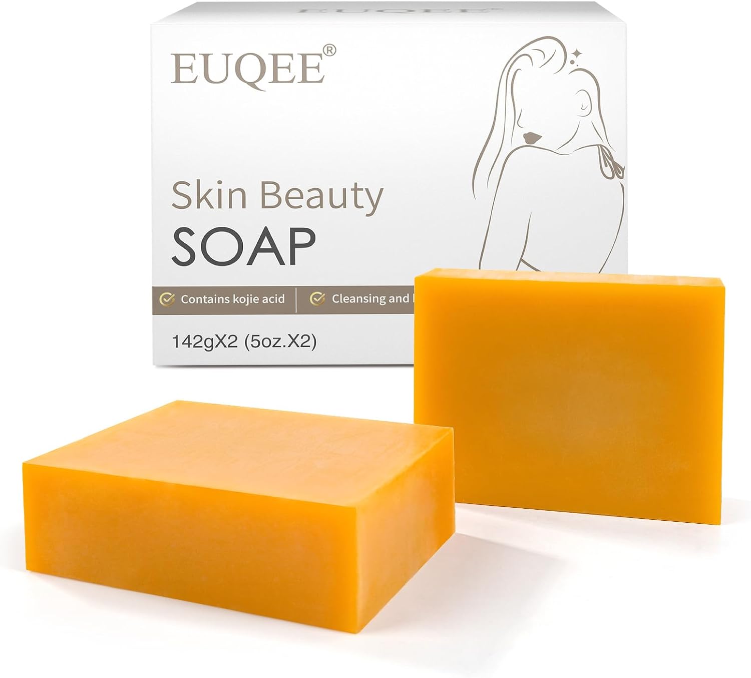 EUQEE Turmeric Kojic Acid Soap, Turmeric Soap Bars with Turmeric, Vitamin C, Retinol, Collagen, Coconut Oil, Tea Tree Oil for Skin Brightening,Reduce Acne, Scars, Dark Spot with a Foaming Net (2x142g)