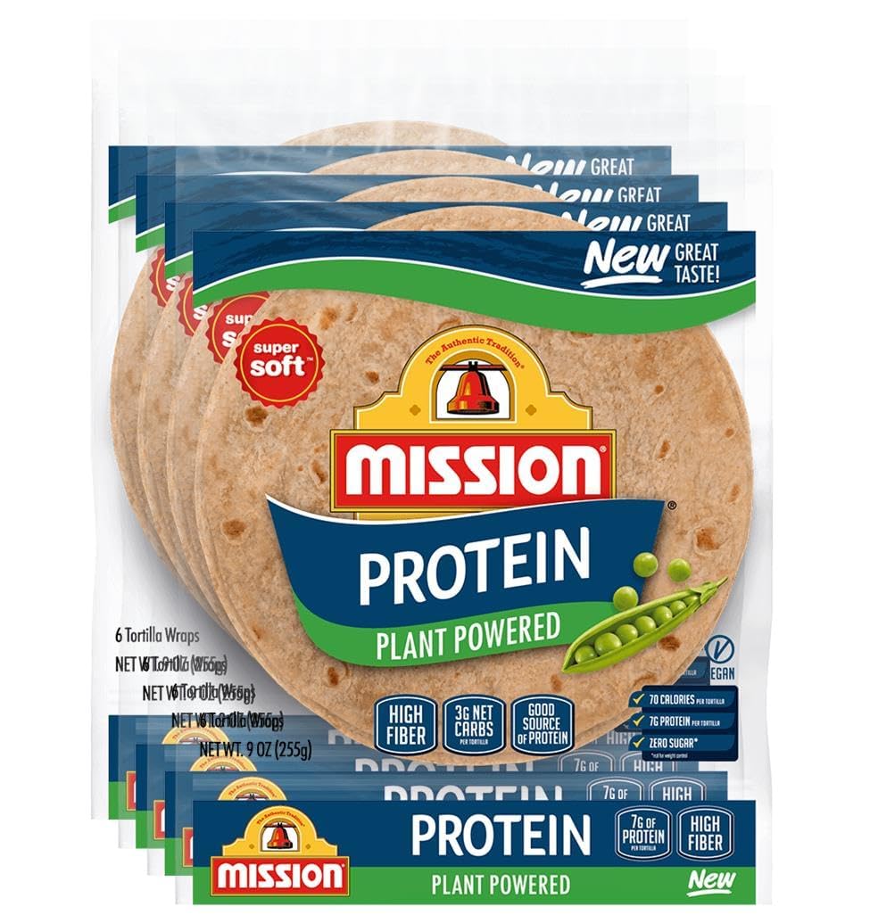 Mission Super Soft Protein Plant Powered Tortilla Wraps, 9 oz, 6 Count, 2g Net Carbs, High Fiber - 4 Pack