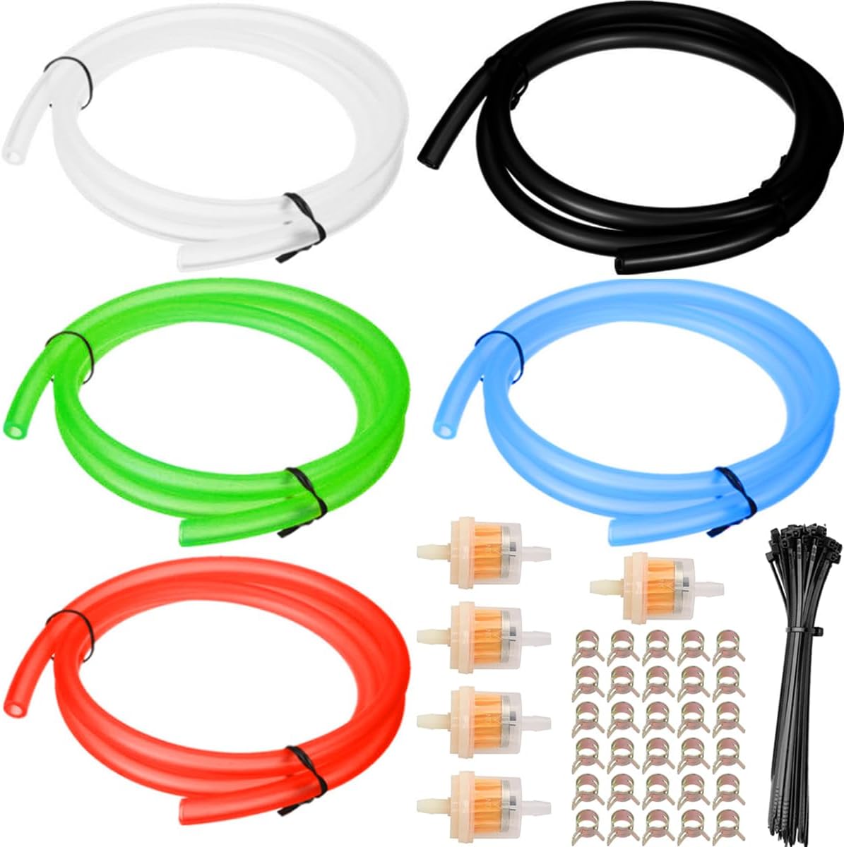 ZAMDOE Petrol Fuel Line Hose Fuel Pipe(5 Pcs * 1 Meter) High Temperature Rubber Fuel Hose for Motorcycle, Chainsaws, Weedeaters, Trimmers(Black/Red/Blue/Green/Transparent), with Fuel Filter Clamp