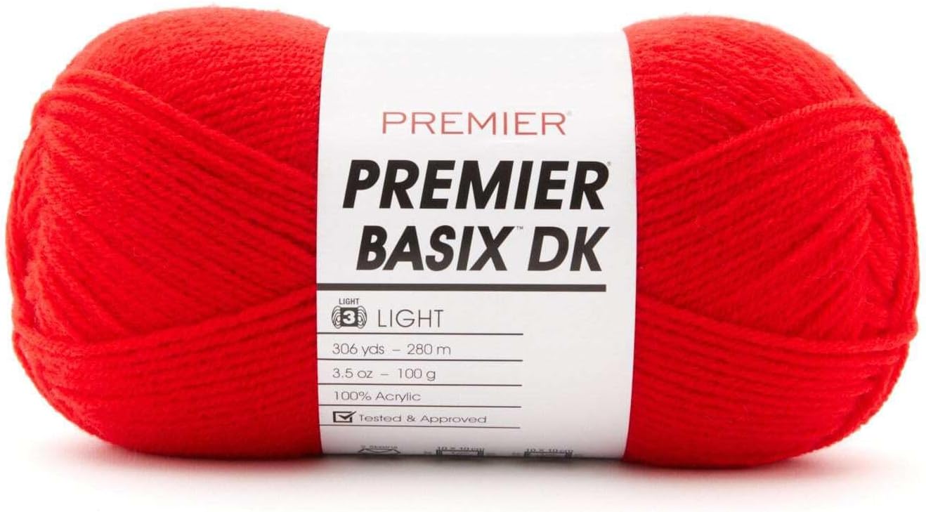 Premier Yarns Basix DK Weight Yarn, Made of Acrylic, Ideal Yarn for Crocheting and Knitting, Machine-Washable, Red, 3.5 oz, 306 Yards