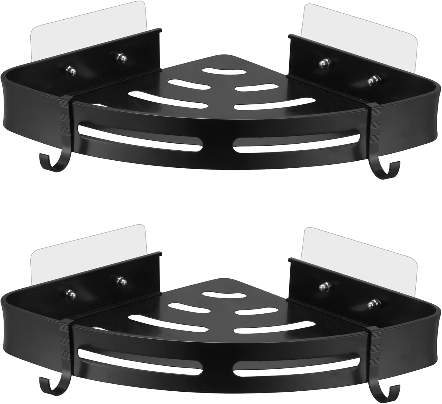 LEADAHEAD Black Shower Corner Shelf with No Drilling Adhesive Pads Shower Caddy Basket with 4 Hooks Rustproof Bathroom Space Aluminum Storage Rack Wall Mounted Shower Organiser | 2 Pack