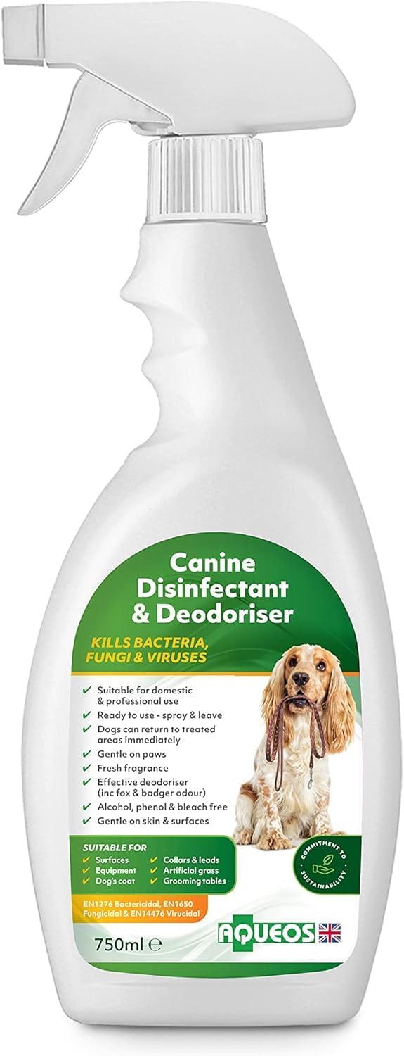 Aqueos Pet Disinfectant Spray - Dog Safe Pet Friendly Disinfectant & Deodoriser Spray Liquid Clean and Safe on Pets Kennel Garden Carpet Floors Bedding Outdoors Dogs Urine Outside Patio Cleaner 750ml