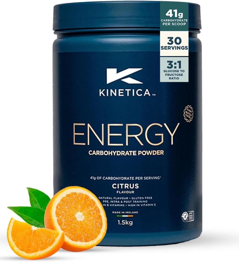 Kinetica Sports Energy Powder - Citrus Flavour | 41g Carbs/Serve, 30 Servings/1.5Kg | 3:1 Glucose to Fructose Ratio | High in Vitamin B1, B5, B6, B7, B12 | Instant Energy Carbohydrate Drink