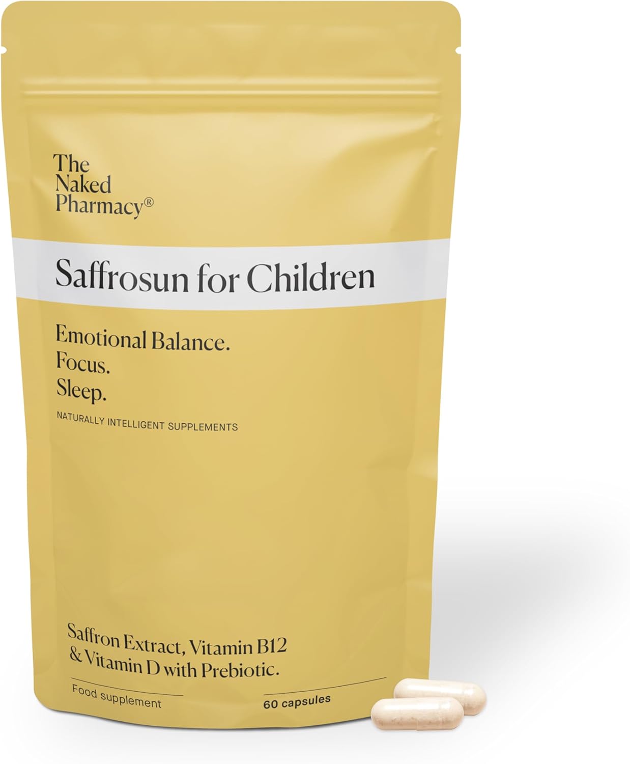 The Naked Pharmacy | Saffrosun for Children | Sleep & Balance | Natural Saffron Supplements with Vitamins D3 & B12 | High Strength | No Additives | Vegan | 60 Capsules