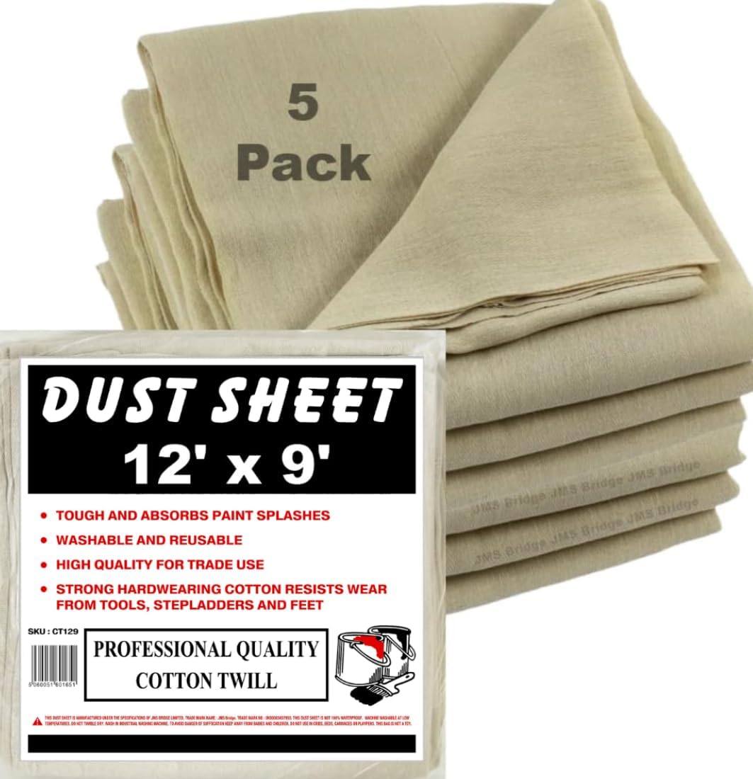 JMS Bridge 5 x Professional Quality 100% Cotton Twill Heavy Duty DUST Sheets for Decorating. Size of Each Sheet : 3.5M x 2.6M / 12ft x 9ft. **Pack of 5 Sheets** (5xCT129)