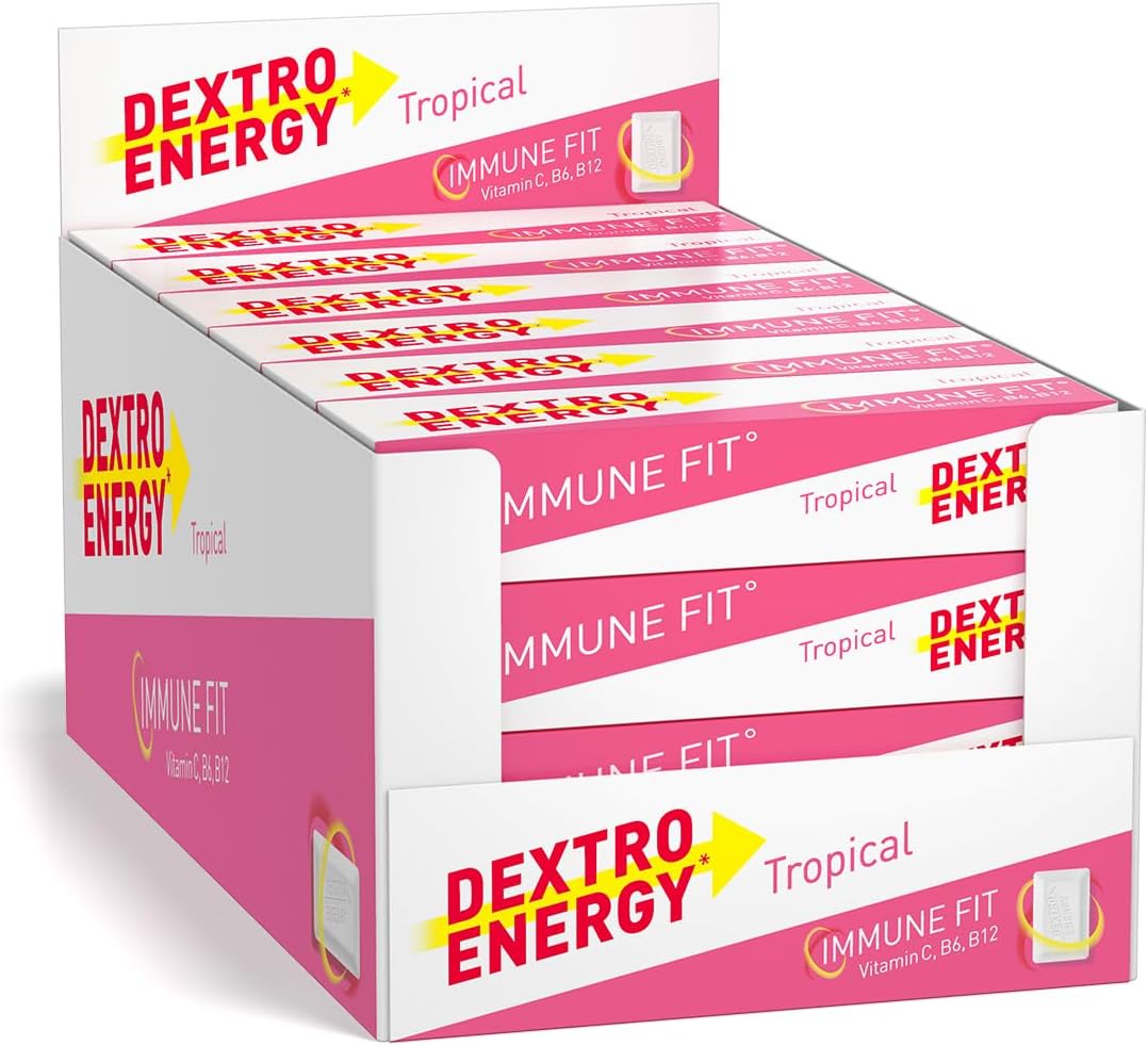 Dextro Energy Tropical Glucose Tablets |Fast Acting Carbohydrates for a Quick Burst of Glucose|with Vitamin C, B6, B12 and folic Acid | 14 Count (Pack of 24)