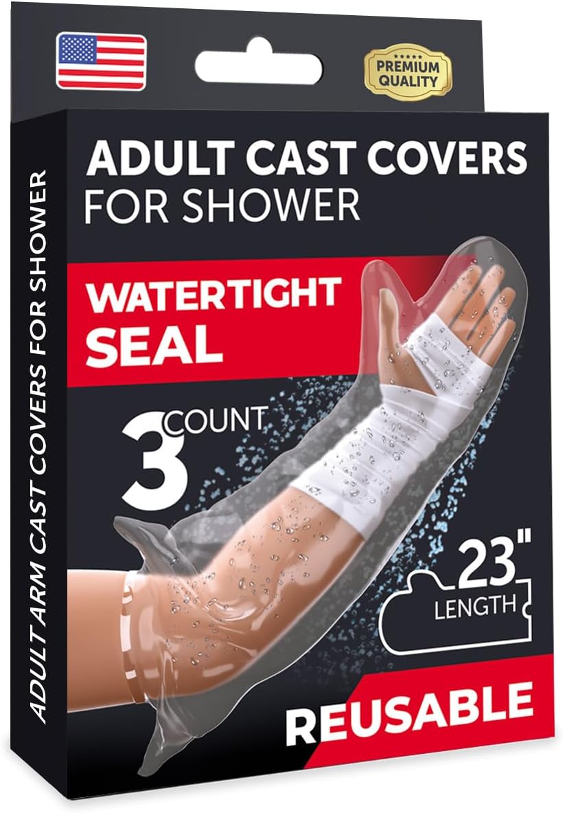 100% Waterproof Cast Covers for Shower Arm - Tight Seal - 3pk Adult Reusable Cast Protectors - Half Arm Bag Sleeves