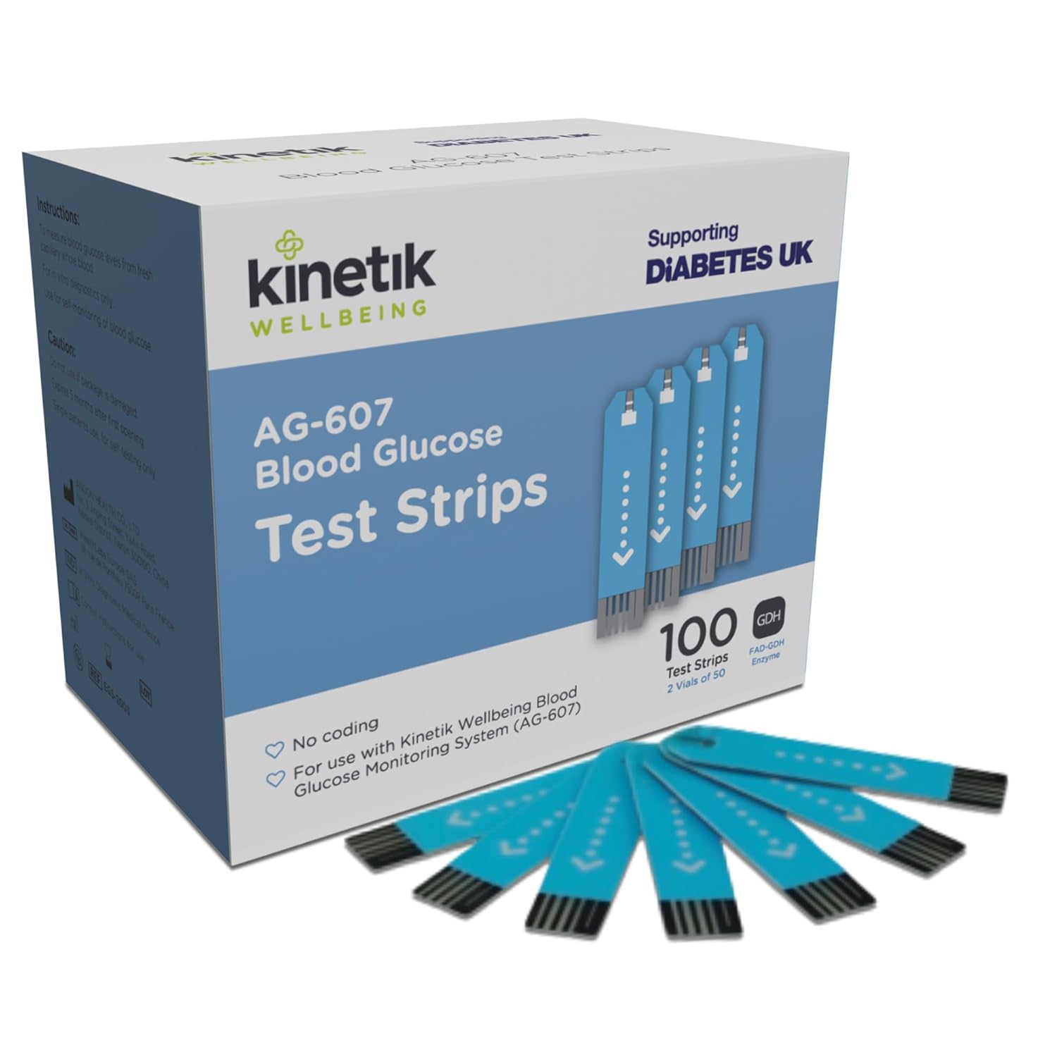 Kinetik Wellbeing Blood Glucose Test Strips, Pack of 100 - Compatible with Kinetik Monitor AG-607 - Home Diabetic Glucose Strips Used by the NHS - For Blood Sugar Level Monitors & Diabetes Management