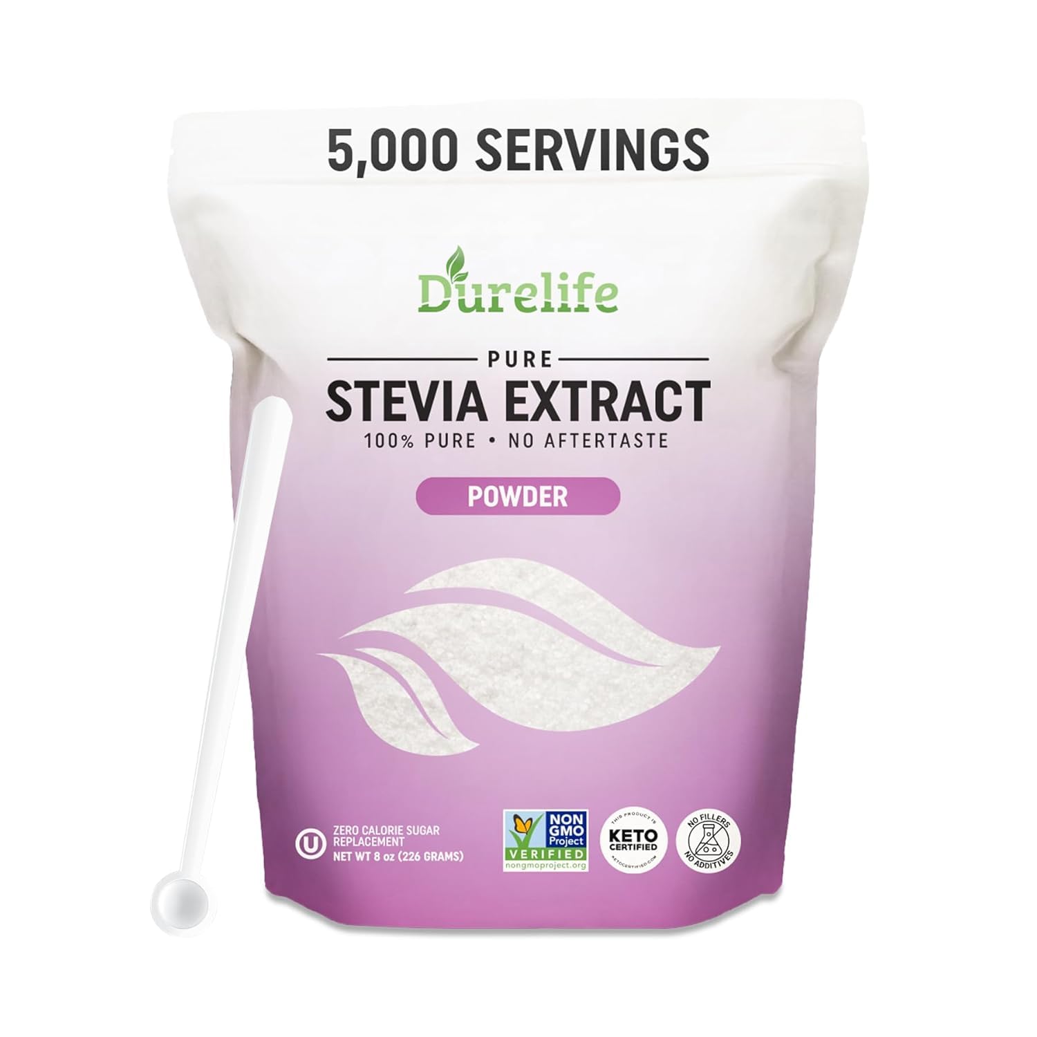 Durelife 100% Pure stevia extract sweetener 8 oz | No Erythritol, NON-GMO Project Verified, No Fillers, Zero Calorie Sugar Substitute | No Aftertaste | Micro-Spoon Included | 8 oz