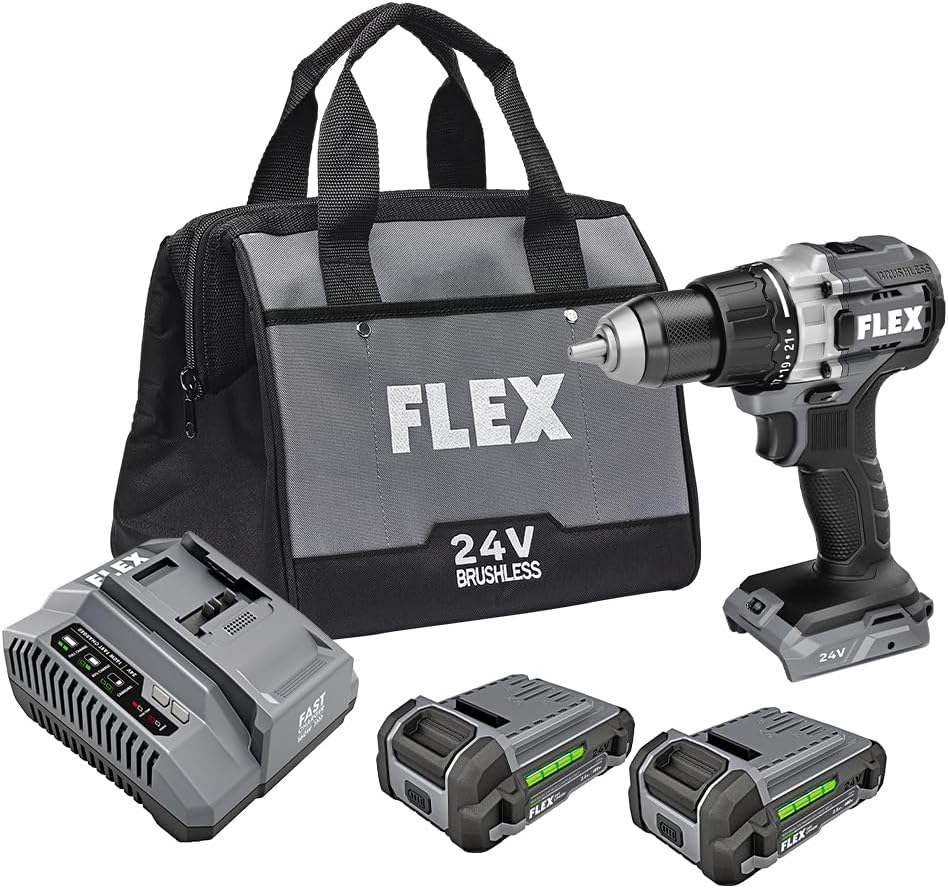 FLEX 24V Brushless Cordless 1/2-Inch 750 In-Lbs Torque 2-Speed Drill Driver Kit with (2) 2.5Ah Lithium Battery and 160W Fast Charger - FX1151-2A