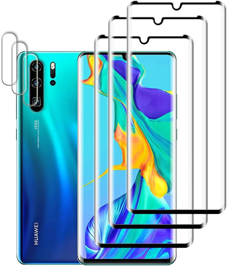 3 + 3 Pieces Tempered Glass Screen Protector for Huawei P30 Pro, 3D Full Coverage Screen Protector, Bubble-Free, Anti-Scratch, HD Screen Protector Film