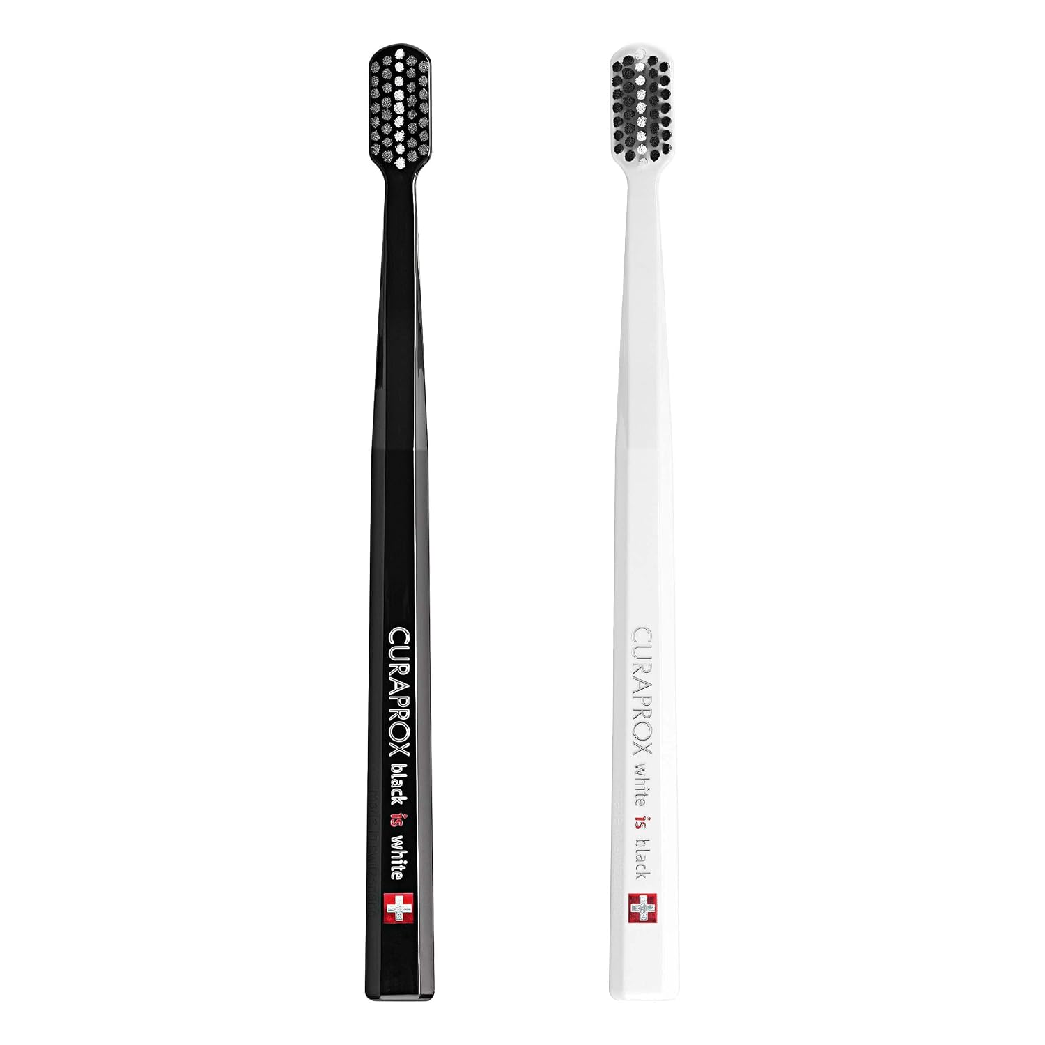 Curaprox Toothbrush Duo, Black and White, 2-Pack, Whitening-Friendly | Angled Brush Head, Sensitive for Teeth and Gums, Gentle Plaque Removal, Activated Charcoal Filaments, Swiss Oral Care