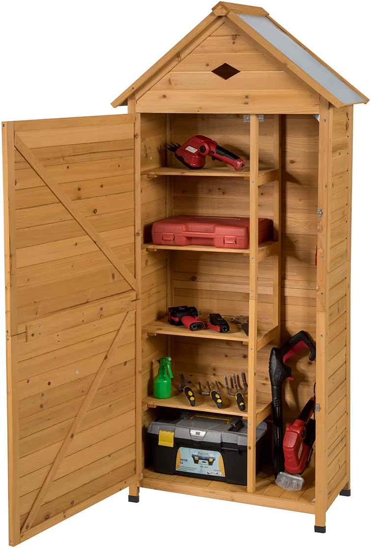 TANGZON Wooden Garden Storage Shed, 5 Shelves Tool Storage Cabinet with Slope Galvanised Roof, Lockable Double Door and Air Vent, Outdoor Utility Shed Organizer, 70 x 45 x 160cm