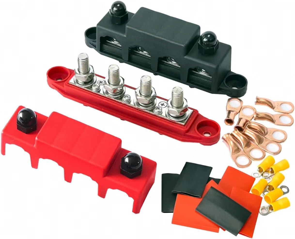 Bus Bar 12V Power Distribution Block, 250A Terminal Block, 4 x 3/8" Studs, Suitable for Marine, Automobile, RV, Battery Terminal Block, Solar Power