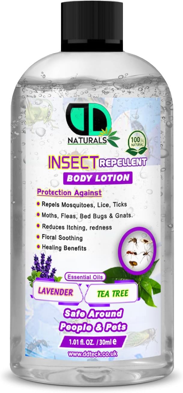 Insect Repellent Body Lotion – 100% Natural Protection Against Mosquitoes, Lice, Ticks, Fleas – Lavender & Tea Tree Essential Oils – Safe for People & Pets (30ml Cap)