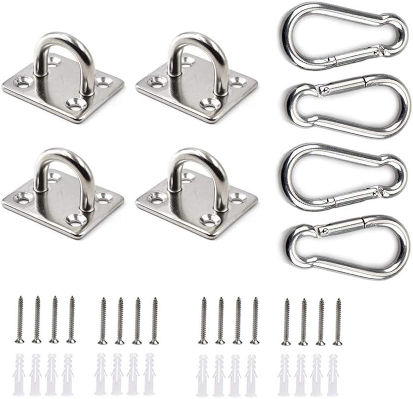 HOMPER Stainless Steel Oblong Pad Eye Plate and Carabiner Clips, Marine Hardware Staple Hook Loop With Screws and Plastic Plugs