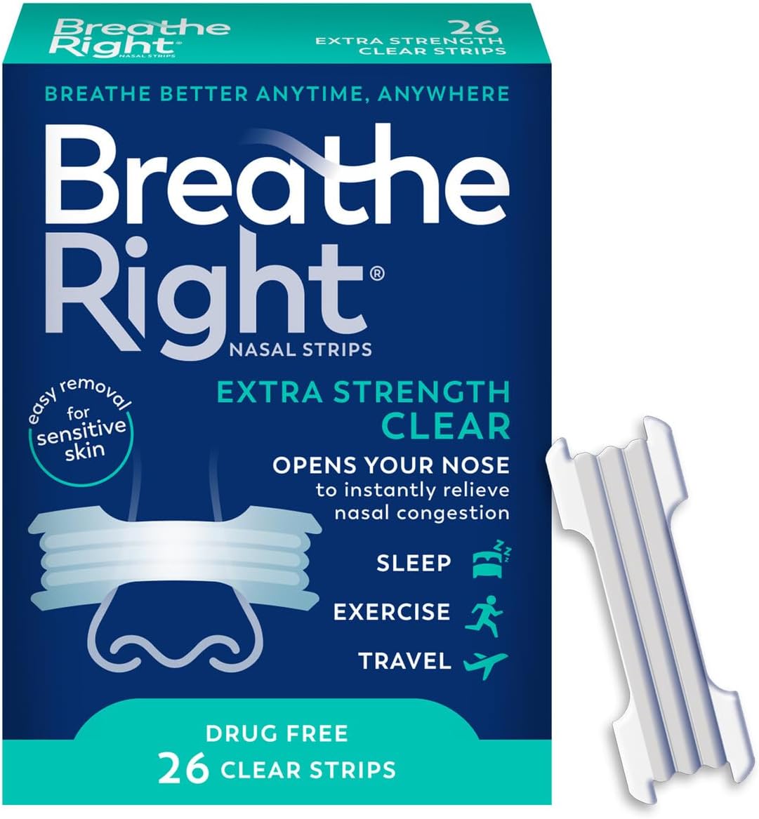 Breathe Right Nasal Strips | Extra Strength | Clear Nasal Strips | For Sensitive Skin | Help Stop Snoring | Drug-Free Snoring Solution & Nasal Congestion Relief Caused by Colds & Allergies | 26 Count
