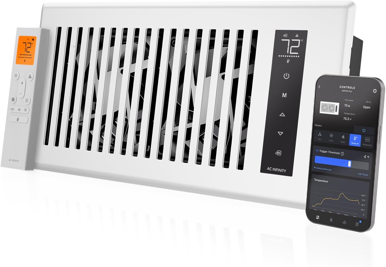 AC Infinity AIRTAP T4, White Register Booster Fan for 4”x10” Openings | Automatic Open/Close Vents, Wireless LCD Temperature Controller, WiFi App, Quiet 10-Speeds, Smart Home