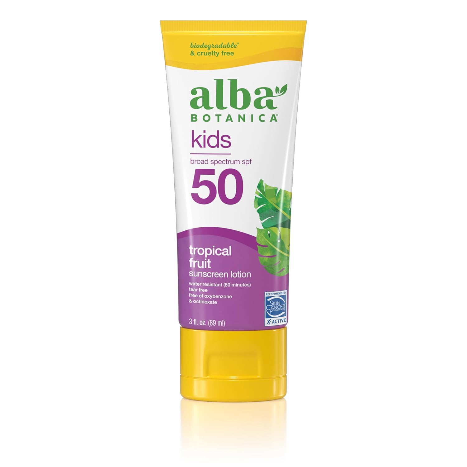 Alba Botanica Kids Sunscreen for Face and Body, Tropical Fruit Sunscreen Lotion for Kids, Broad Spectrum SPF 50, Water Resistant and Hypoallergenic, 3 fl. oz. Bottle
